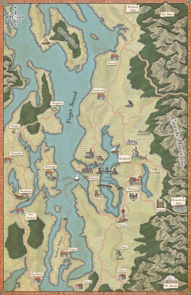 Fantasy-style map of Seattle and the surrounding area. The map shows the Cascades, along with Mt. Rainier and Mt. Baker, and has multiple drawings representing different locations.